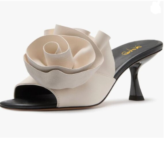 XYD Black White Floral Appliqué Open Toe Mules Ruffled High Heel Sandals Summer - Picture 1 of 8